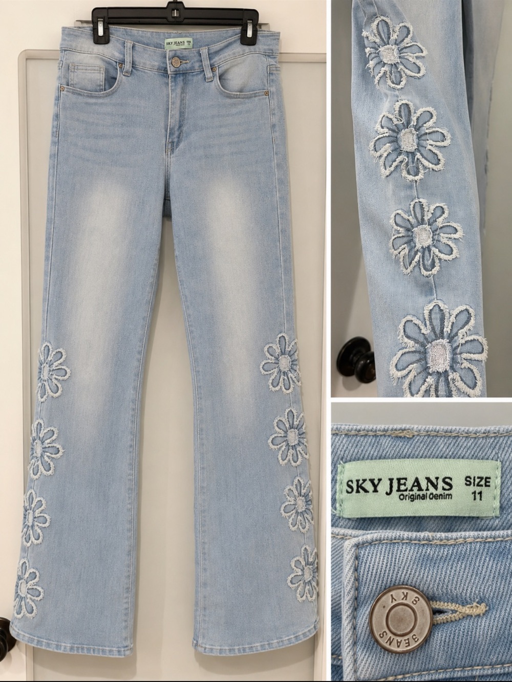 Sky Jeans Light Blue Embroidered Daisy Flare Jeans - Size 11